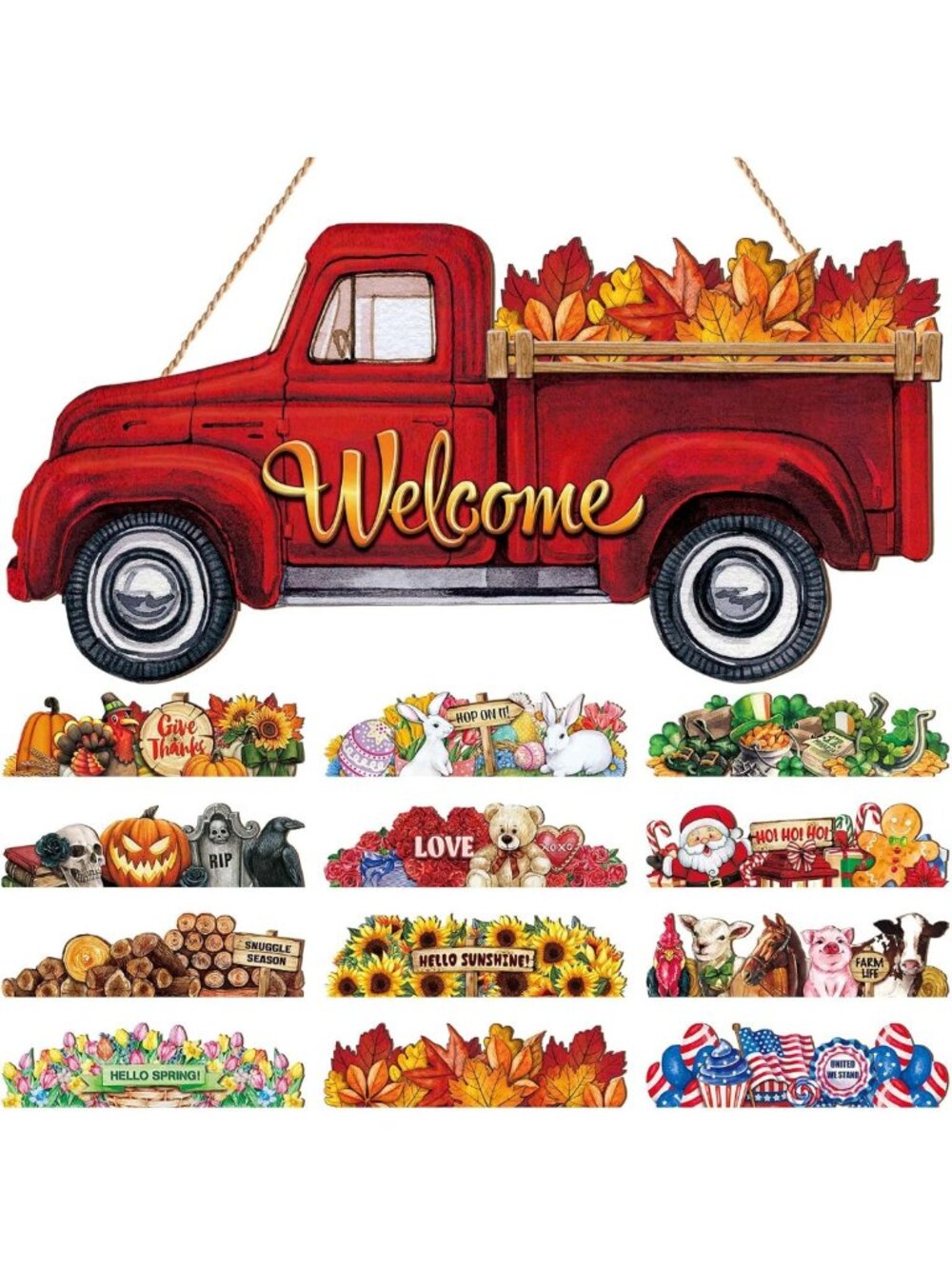 13 Pcs Fall Welcome Sign Set, Red Truck Door Hanger & 12 Seasonal Decor Signs